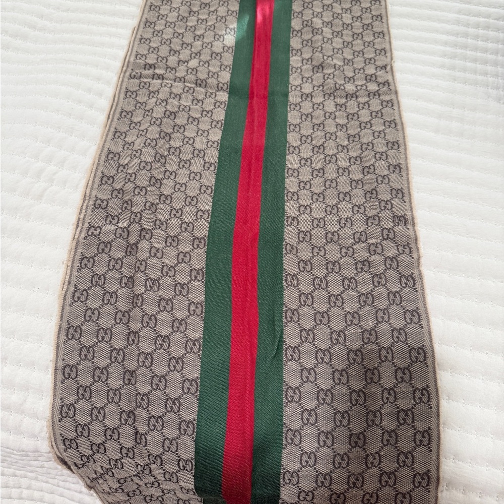 Gucci Beige Patterned Scarf with Red and Green Stripe